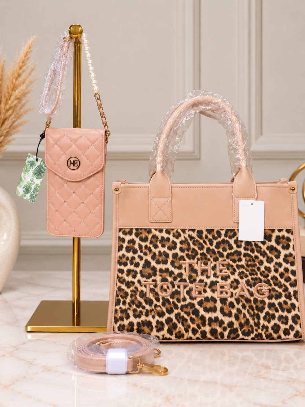 Brand New - Leopard & Pink Trim Tote Bag with Pink Badgley Mischka Phone Bag